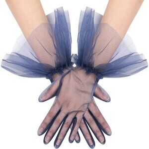 Women's Short Navy Tulle Mesh Puffy Ruffle Gloves Wedding Party Prom Costume